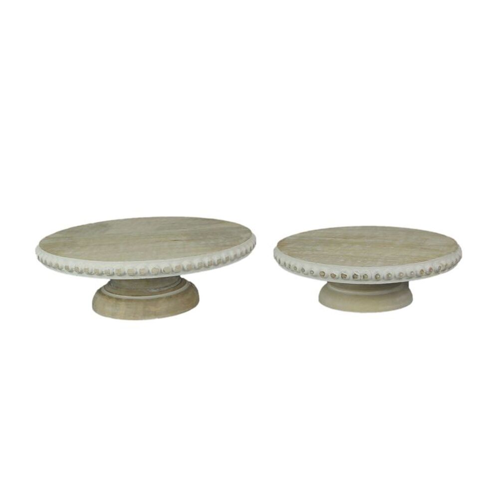 Set of 2 White Washed Wooden Round Risers Decorative Display Tray Serving Decor